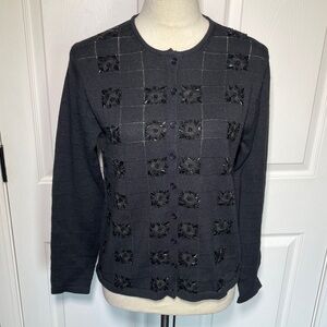 NWT Babette Ballinger NY Embellished Beaded Sequined Black Button-Up Cardigan M